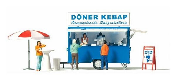 Preiser 10747 HO Scale Kebab Concession Trailer with Accessories -- German Lettering