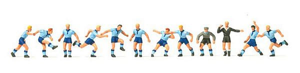 Preiser 10756 HO Scale Soccer Team with Referee -- Light Blue Shirts, Dark Blue Shorts pkg(12)