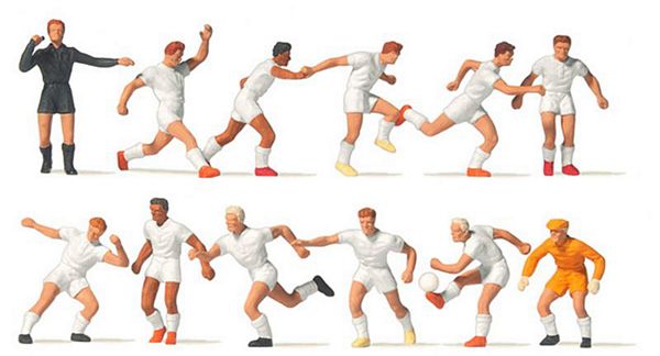 Preiser 10762 HO Scale Soccer Team with Referee -- White Shirts, White Shorts pkg(12)