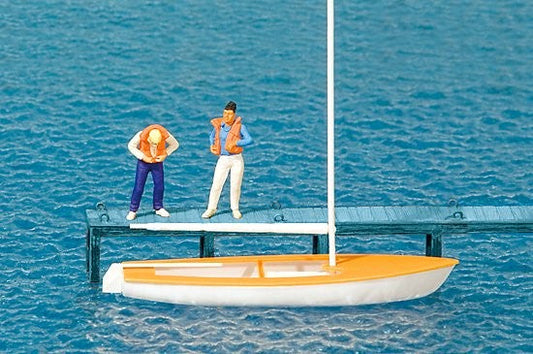 Preiser 10678 HO Sailboat w/2 Figures Standing Putting on Life Jackets 