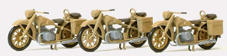 Preiser 16572 HO Unpainted German Reich BMW R12 Motorcycles (3) 1939-45 (Kit)