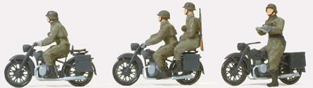 Preiser 16598 HO Unpainted German Reich BMW R12 Motorcycle Crew 1939-45 (3 Motorcycles, 4 Soldiers) (Kit)