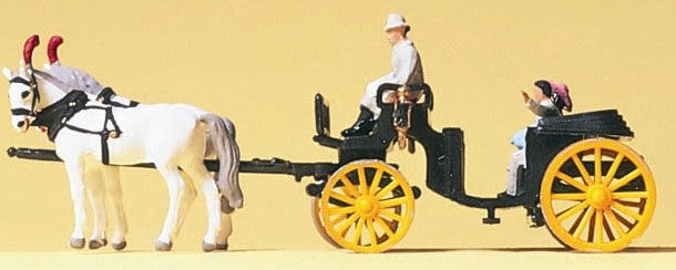 Preiser 79481 N Horse Drawn Open Black Coach w/Rider & Couple