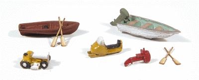 Railway Express Miniatures 2192 N Scale Recreational Detail Set -- 2 Boats w/Outboard Motors, 4 Oars, 1 Riding Lawnmower, 1 Snowmobile