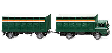 Wiking 56503 HO Scale 1963-1967 Mercedes-Benz Cab-Over Cattle Truck with Trailer - Assembled -- Green, Orange, White