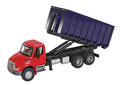 Walthers Scenemaster 949-11630 HO Scale International(R) 4300 Dual-Axle Dumpster Carrier Truck - Assembled -- Red Cab, Blue Dumpster