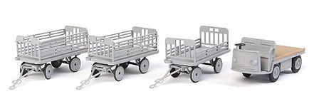 Walthers Scenemaster 4141 HO Scale Baggage Tractor and Trailers - Plastic Kit -- Non-Powered Tractor and 3 Trailers (gray)